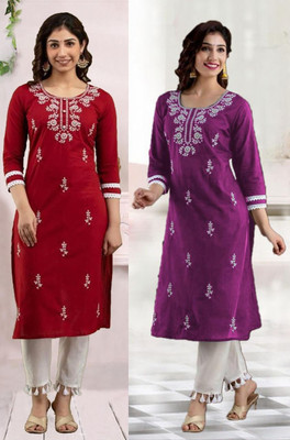 HouseOfCommon Women Embroidered Straight Kurta(Purple)