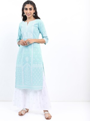 Vishudh Women Printed Straight Kurta(Blue)