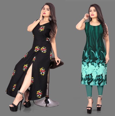 Hiral Creation Women Printed, Floral Print A-line Kurta(Green, Black)