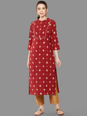 Janasya Women Printed Straight Kurta(Red)