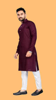 HouseOfCommon Men Striped A-line Kurta(Purple)