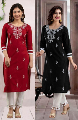 SISTO Women Chikan Embroidery Straight Kurta(Green, Red)