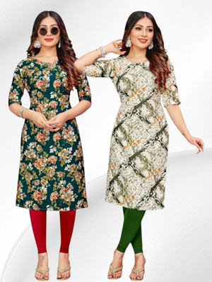 HouseOfCommon Women Printed Straight Kurta(Green, White)