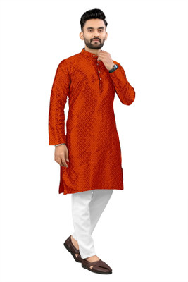 Shree Dutt Creation Men Self Design Straight Kurta(Orange)