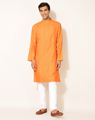 Fabindia Men Striped Straight Kurta(Orange)