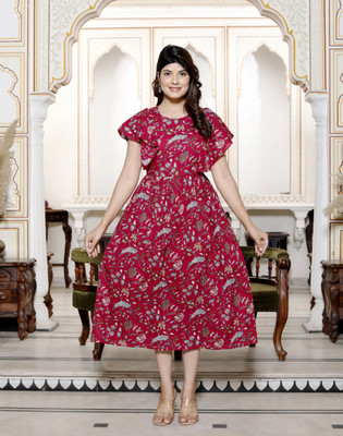 Silakiva Women Printed Flared Kurta(Red)