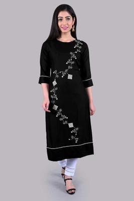 ShopGlobal Women Printed Straight Kurta(Black)