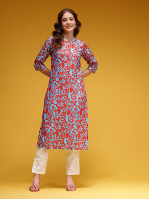 HERE&NOW Women Floral Print Straight Kurta(Red, Blue)