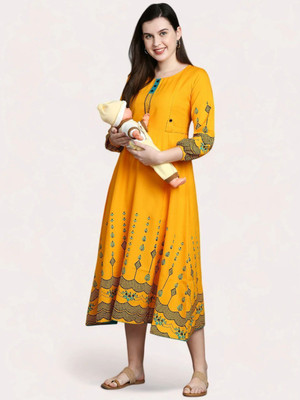 TRUE SHAPE Women Printed Flared Kurta(Yellow)