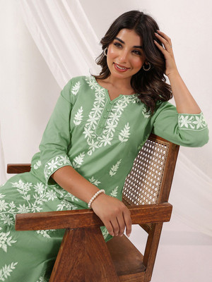Janasya Women Embroidered Straight Kurta(Light Green)