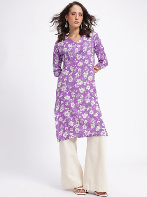 Anouk Rustic Women Floral Print A-line Kurta(Purple)