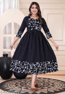 DADIYA Women Printed Anarkali Kurta(Black)