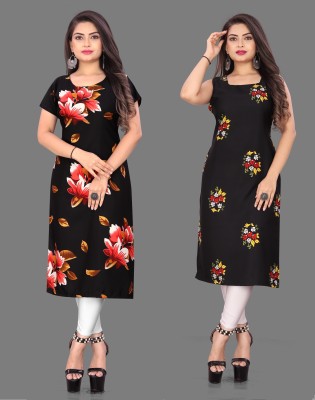 Hiral Creation Women Floral Print Straight Kurta(Black)