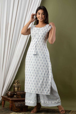 Raniisa Women Printed Straight Kurta(White, Grey)