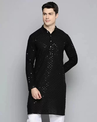 GRATIVO CREATION Men Chikan Embroidery Straight Kurta(Black)