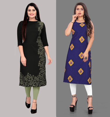tanvi creation Women Printed A-line Kurta(Black, Blue)