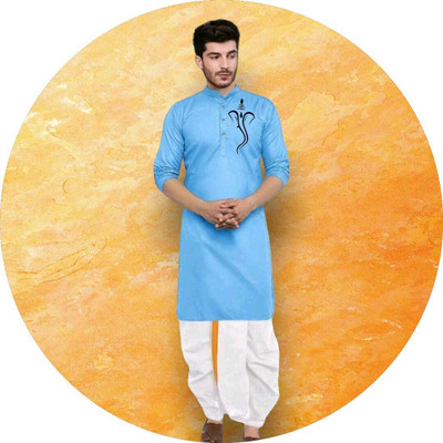 Mamta Biswas Men Printed Straight Kurta(Light Blue)