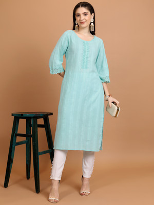 Vishudh Women Embroidered Straight Kurta(Blue)