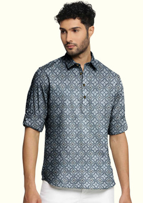 FTX Men Printed Straight Kurta(Blue)