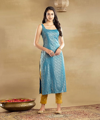 VIHARINI Women Printed Straight Kurta(Blue)