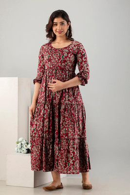 Khoj Bagda Women Printed Anarkali Kurta(Maroon)