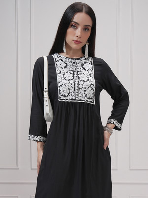 Vishudh Women Embroidered A-line Kurta(Black)