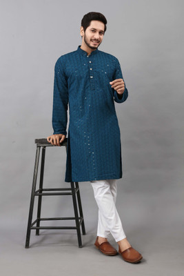 ALMORA Men Embroidered A-line Kurta(Light Blue)