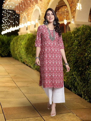 1 Stop Fashion Women Printed A-line Kurta(Pink, White)