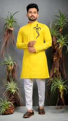 Mamta Biswas Men Printed Straight Kurta(Yellow)