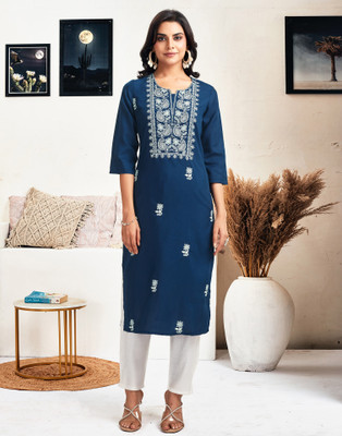 Samah Women Embroidered, Embellished, Dyed/Ombre, Self Design Straight Kurta(Dark Blue)