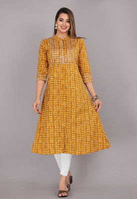 Kriftee Women Printed A-line Kurta(Yellow)