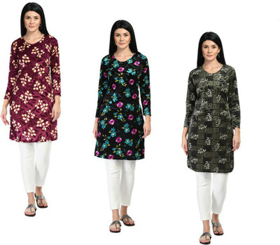 IndiWeaves Women Floral Print Straight Kurta(Purple, Blue, Grey)