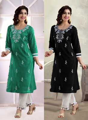 SISTO Women Chikan Embroidery A-line Kurta(Green, Black)