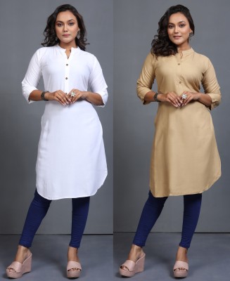 MY BAZAAR Women Solid Straight Kurta(White, Beige)