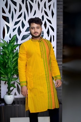 tant ghar Men Striped Straight Kurta(Yellow)