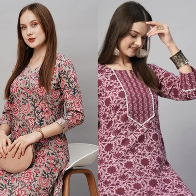 OMSAILACES Women Floral Print Straight Kurta(Multicolor)