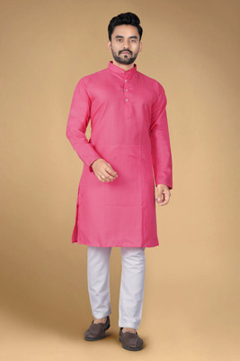 GAUMUKHI CREATION Men Solid Straight Kurta(Pink)
