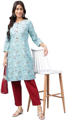 IKAYE Women Floral Print Straight Kurta(Light Blue)