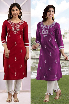 vikshi Women Chikan Embroidery Straight Kurta(Multicolor)