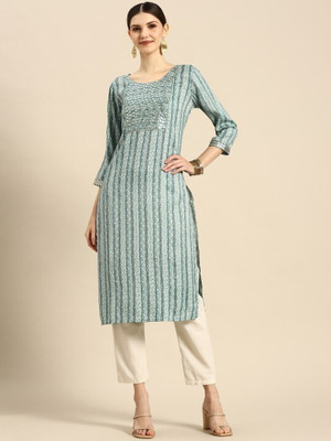ANOUK Women Embroidered Straight Kurta(Blue)