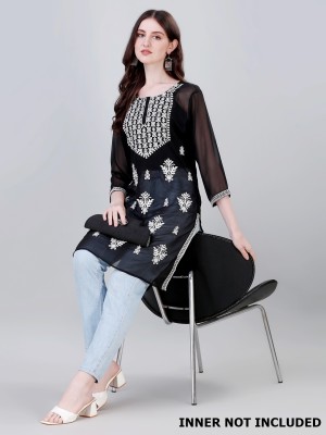 PILUDI Women Chikan Embroidery Straight Kurta(Black)