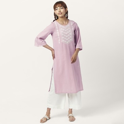 Rangmanch by Pantaloons Women Embroidered Straight Kurta(Purple)