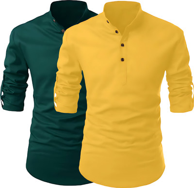 Infyshopy Fashions Men Solid Straight Kurta(Green, Yellow)