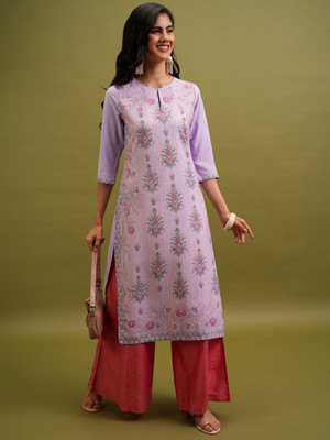 KETCH Women Embroidered Straight Kurta(Purple)