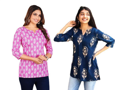 GURUFASHIONS Women Printed Straight Kurta(Pink, Blue)