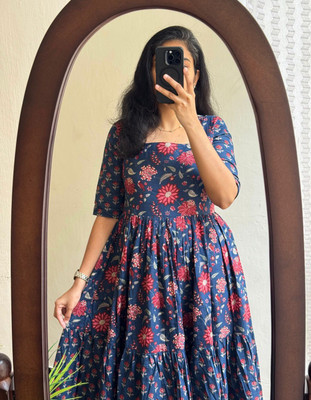 ISRANI Women Printed Anarkali Kurta(Blue)