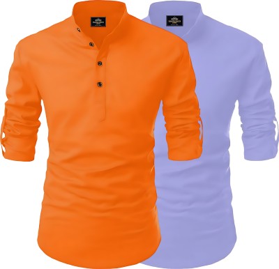 LIRMO Men Solid Straight Kurta(Orange, Blue)