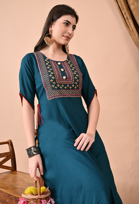 HERE&NOW Women Embroidered, Paisley Anarkali Kurta(Dark Blue)