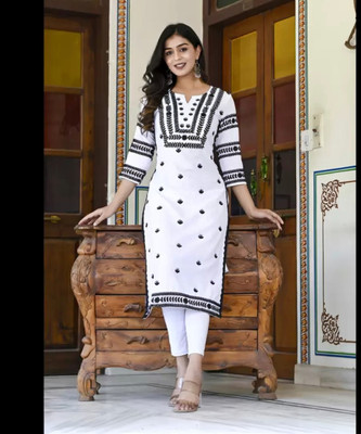 PRITITEX Women Embroidered Straight Kurta(White)