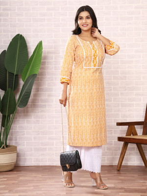 Safoora Creation Women Printed Straight Kurta(Yellow, White)